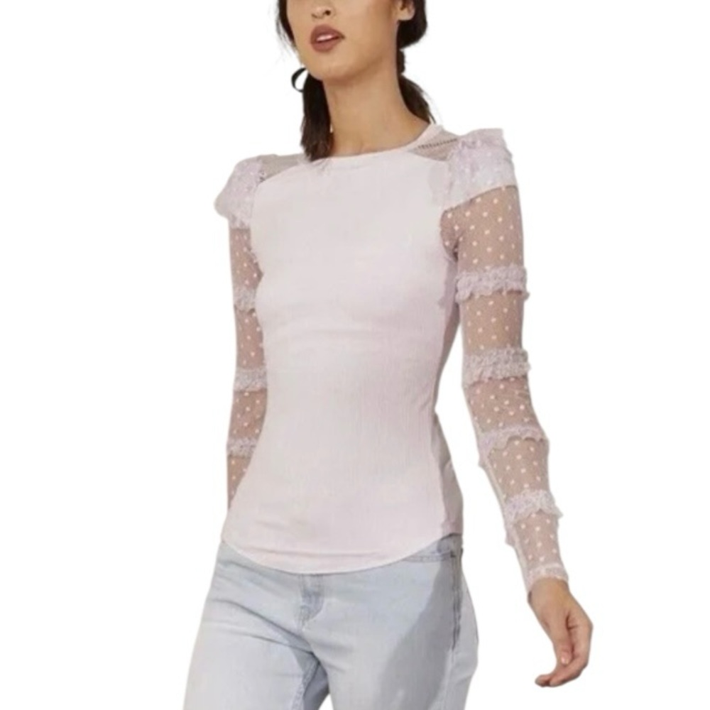 Free People Lavender Kiss Kiss Mesh & Ruffles Sheer Lace Top